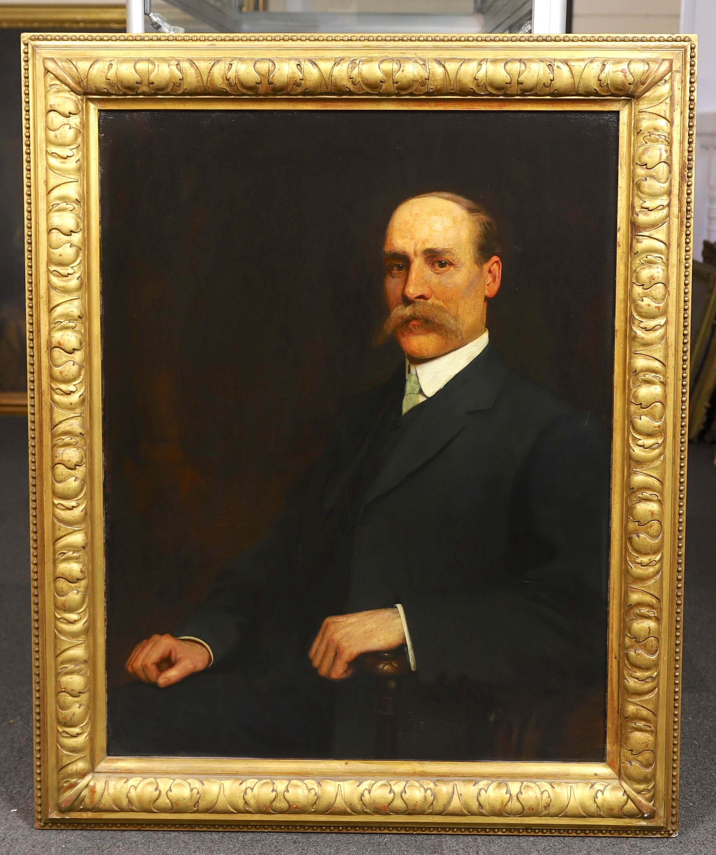 George Henry Grenville Manton (British, 1855-1932), oil on canvas, Portrait of a seated gentleman, said to have been connected to Harrow School, signed, 90 x 70cm